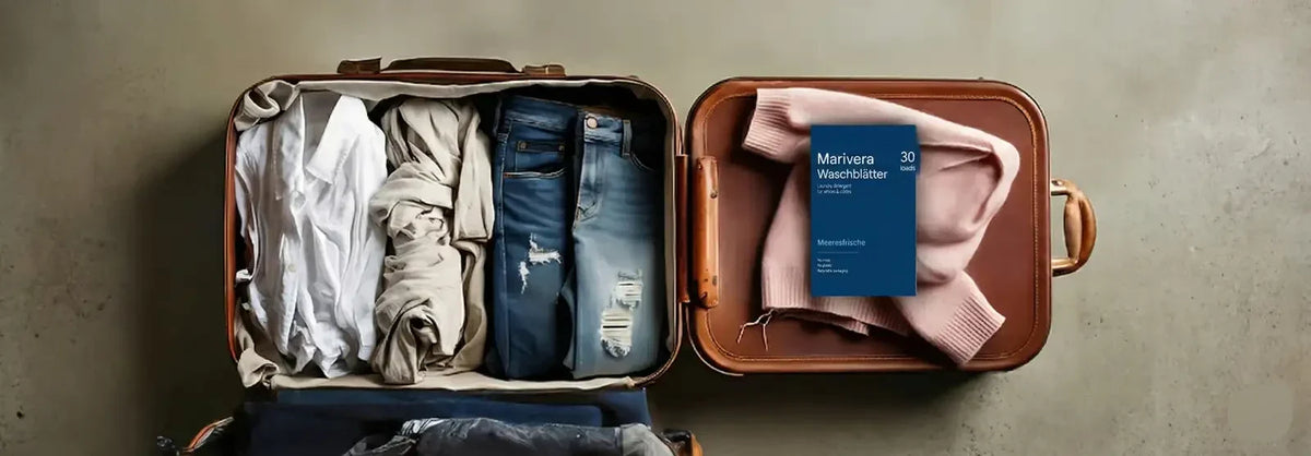 Platzsparendes Reisegepäck: Eine blaue Packung Marivera Waschblätter liegt flach in einem ordentlich gepackten Koffer neben Kleidung, ideal als kompaktes Waschmittel für die Reise.