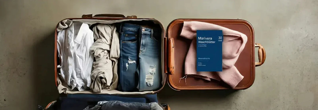 Platzsparendes Reisegepäck: Eine blaue Packung Marivera Waschblätter liegt flach in einem ordentlich gepackten Koffer neben Kleidung, ideal als kompaktes Waschmittel für die Reise.
