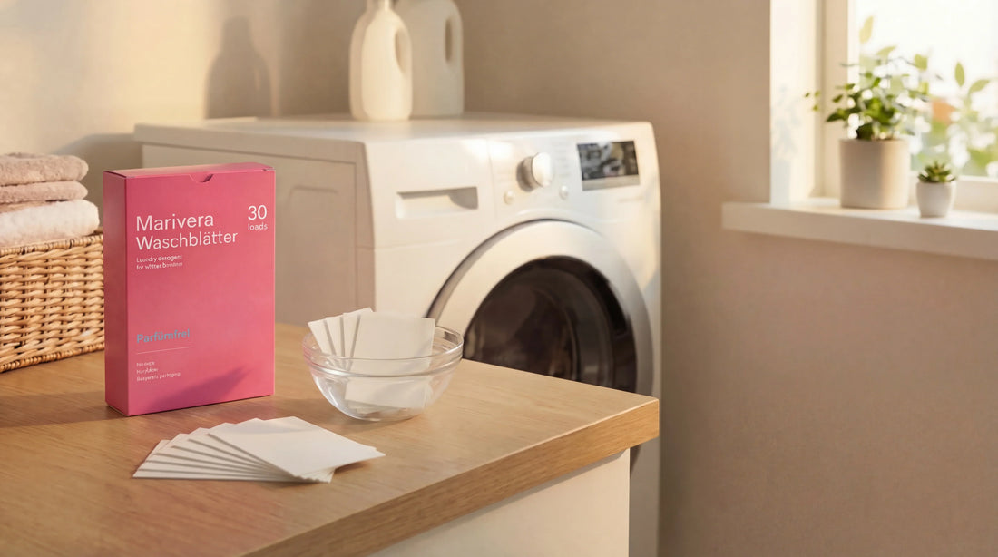 Marivera Waschblätter neben Waschmaschine auf Holzfläche, mit Waschstreifen und Schale im hellen Waschraum