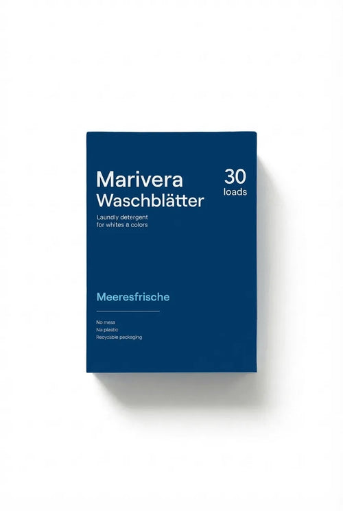 Marivera Waschblätter 30 Ladungen, Meeresfrische, Waschmittel für Weißes & Buntes, plastikfrei und recycelbare Verpackung