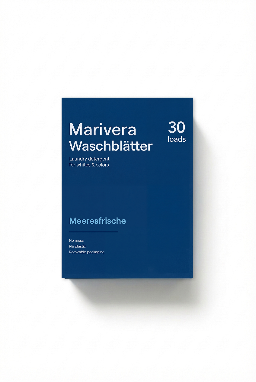 Marivera Waschblätter 30 Ladungen, Meeresfrische, Waschmittel für Weißes & Buntes, plastikfrei und recycelbare Verpackung