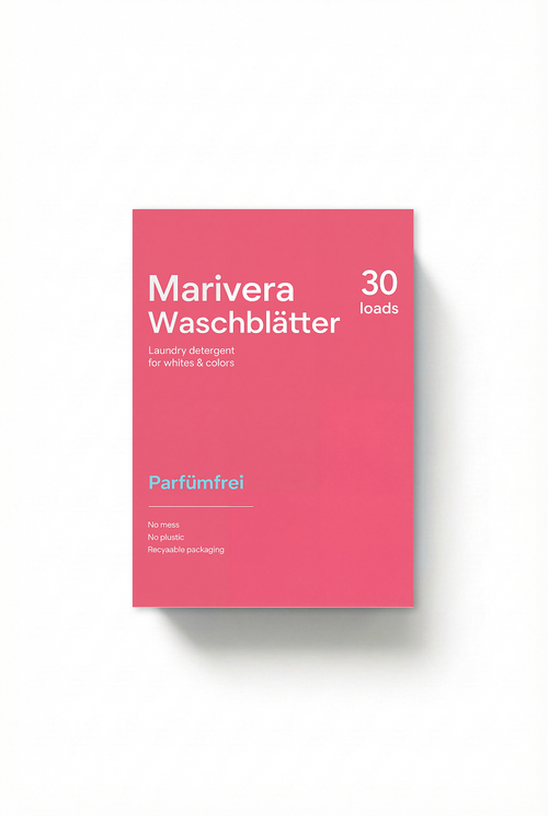 Marivera Waschblätter 30 Ladungen, Meeresfrische, Waschmittel für Weißes & Buntes, plastikfrei und recycelbare Verpackung