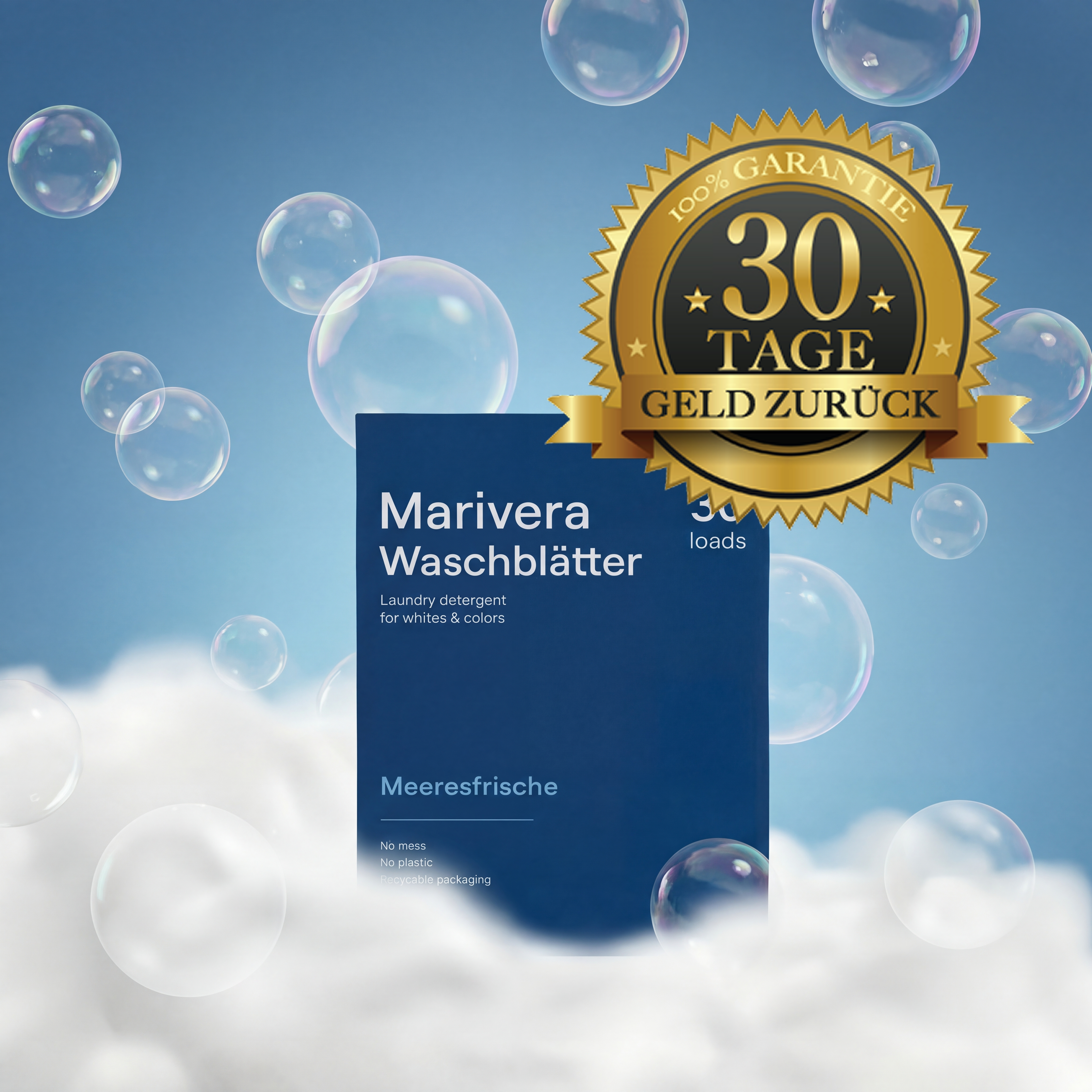 Marivera Waschblätter 30 Ladungen, Meeresfrische, Waschmittel für Weißes & Buntes, plastikfrei und recycelbare Verpackung