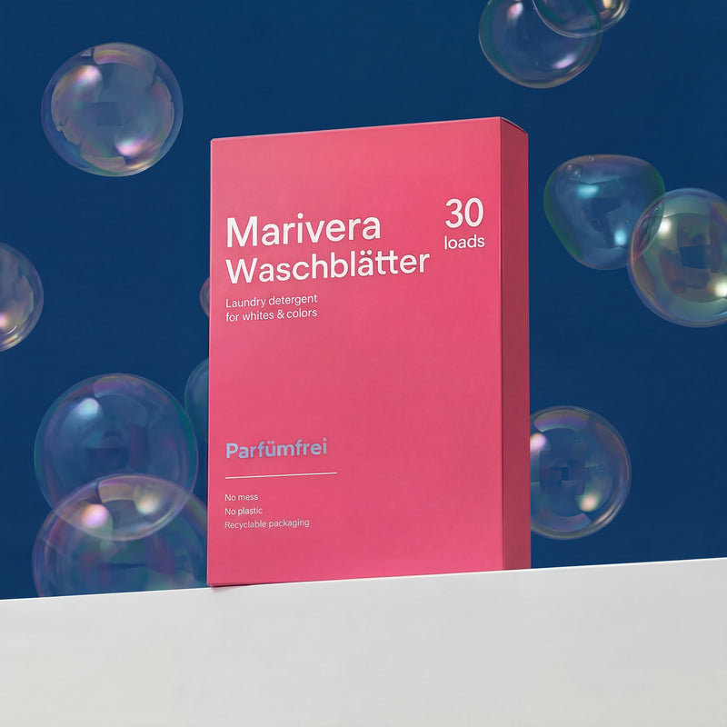 Marivera Waschblätter 30 Ladungen, Meeresfrische, Waschmittel für Weißes & Buntes, plastikfrei und recycelbare Verpackung