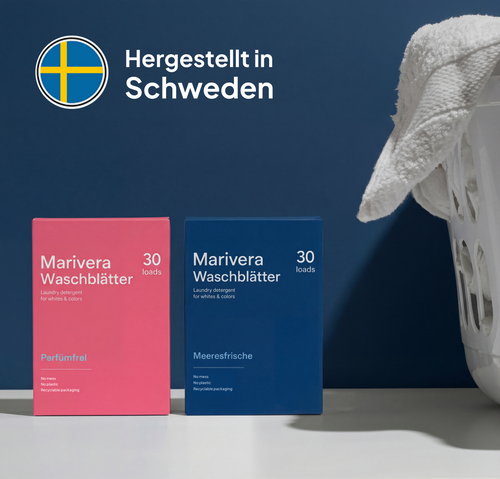 Marivera Waschblätter 30 Ladungen, Meeresfrische, Waschmittel für Weißes & Buntes, plastikfrei und recycelbare Verpackung