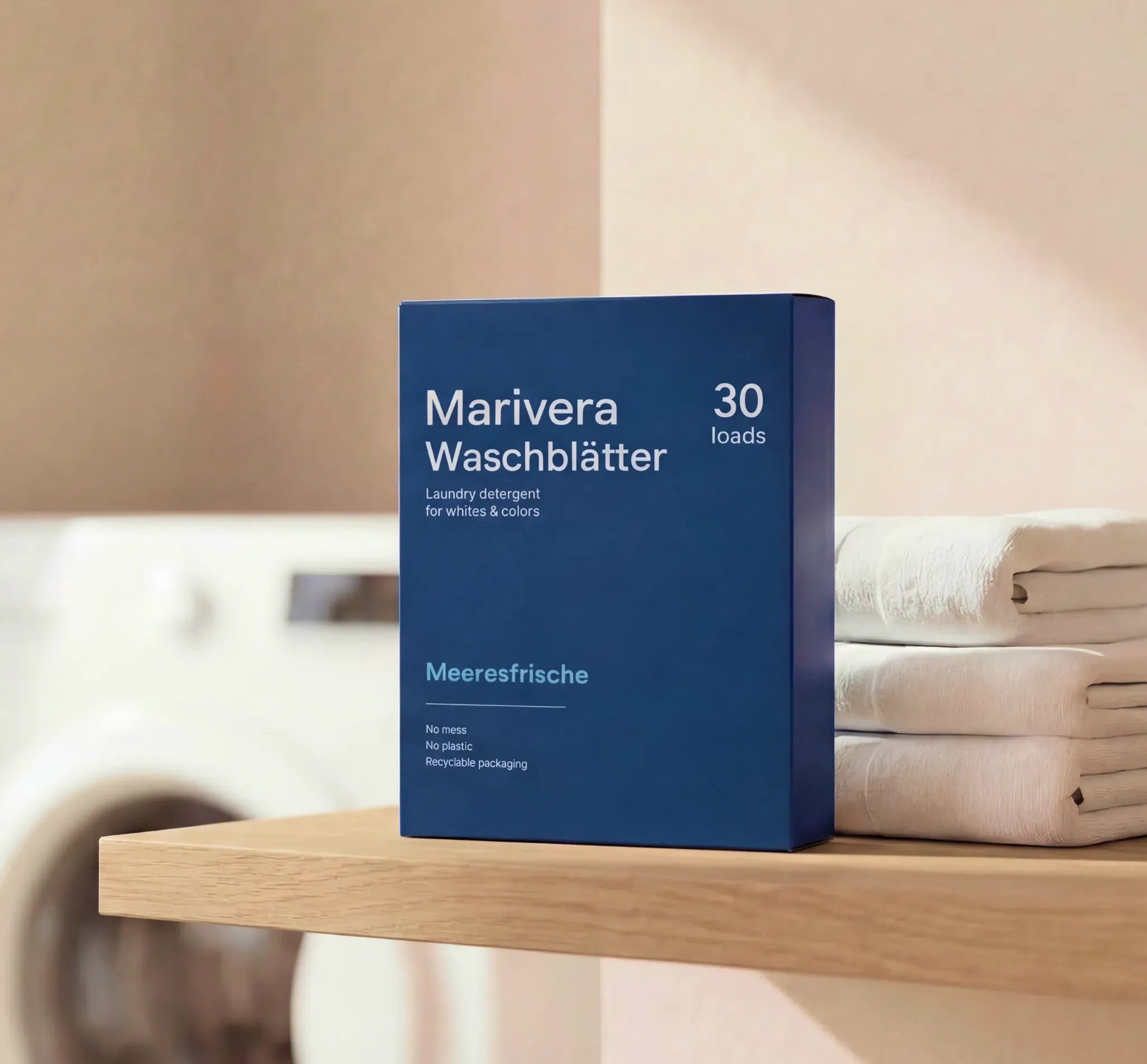 Marivera Waschmittelblätter mit Meeresfrische – nachhaltiges Waschmittel ohne Plastik. Vordosiert, platzsparend und ideal für den Alltag.