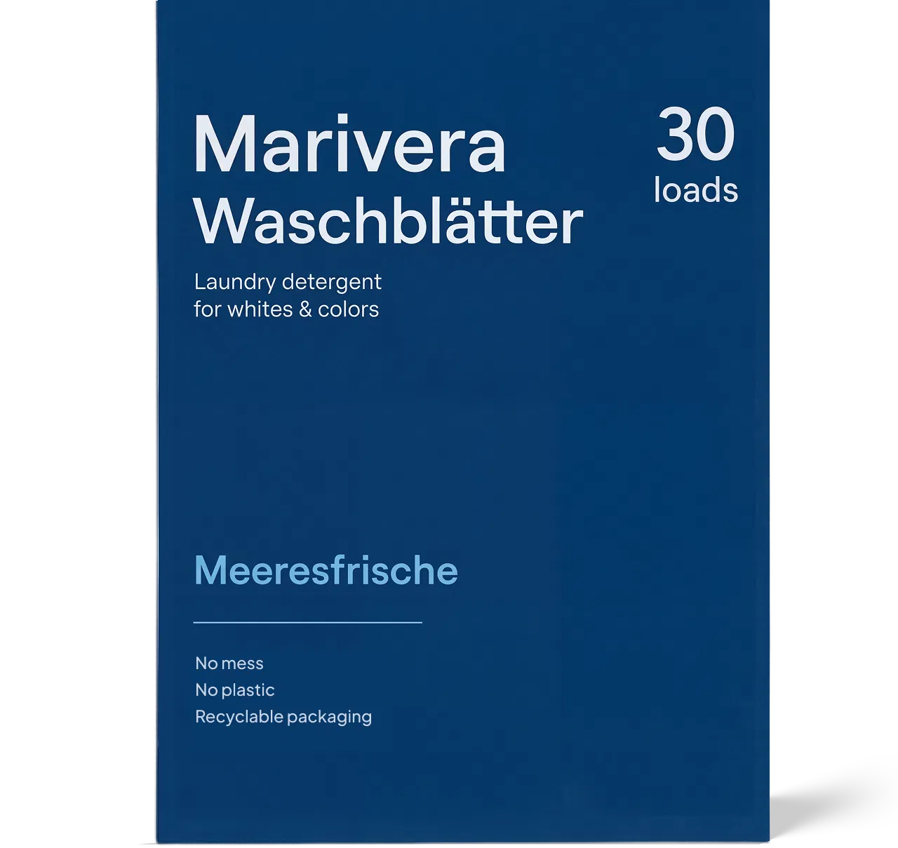 Marivera Waschmittelblätter Meeresfrische – nachhaltiges Waschmittel ohne Plastik. Vordosiert, platzsparend und für weiße und bunte Wäsche geeignet.
