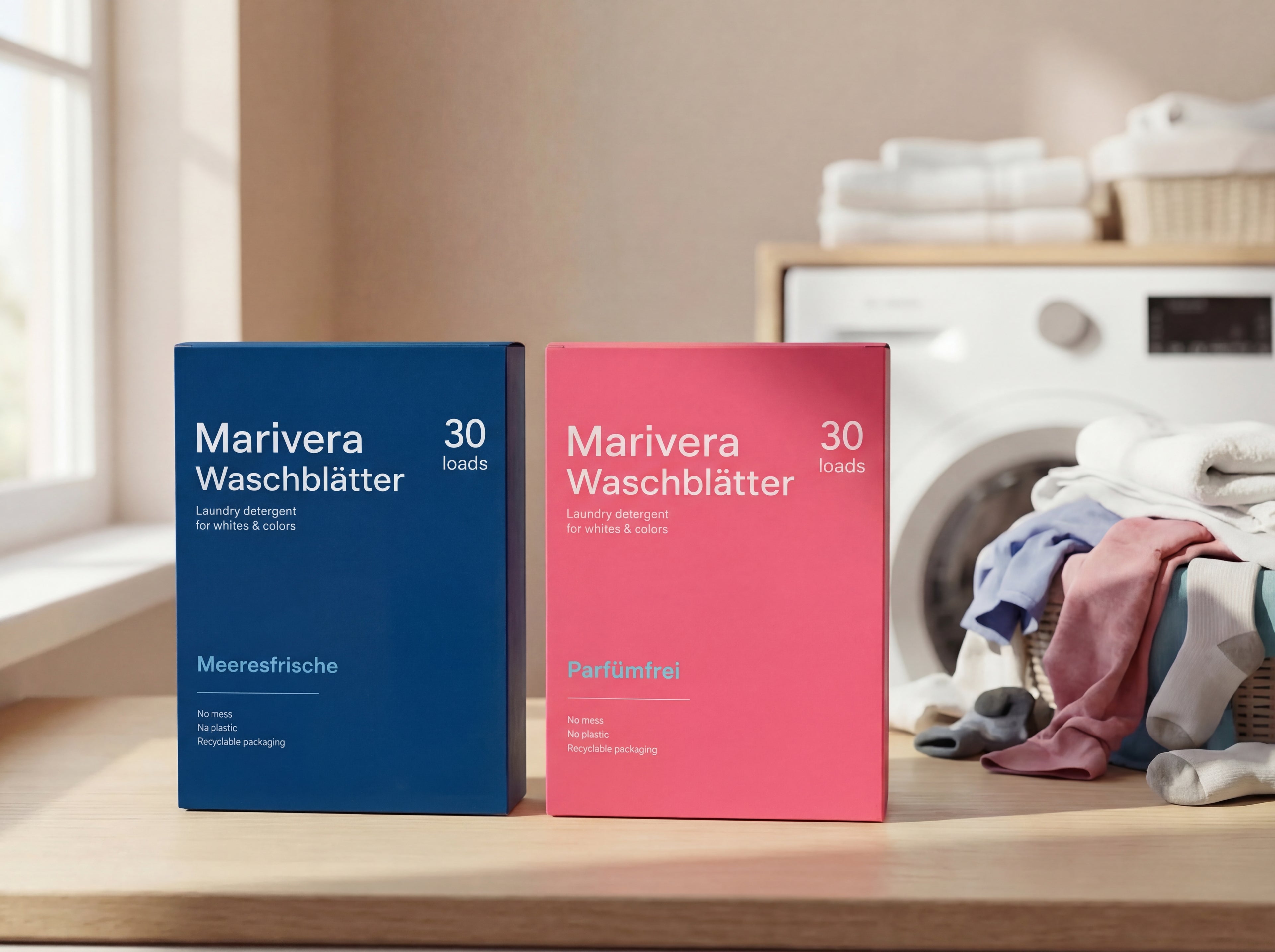 Marivera Waschmittelblätter in den Varianten Meeresfrische und Parfümfrei – nachhaltiges Waschmittel ohne Plastik, vordosiert und für den Alltag geeignet.