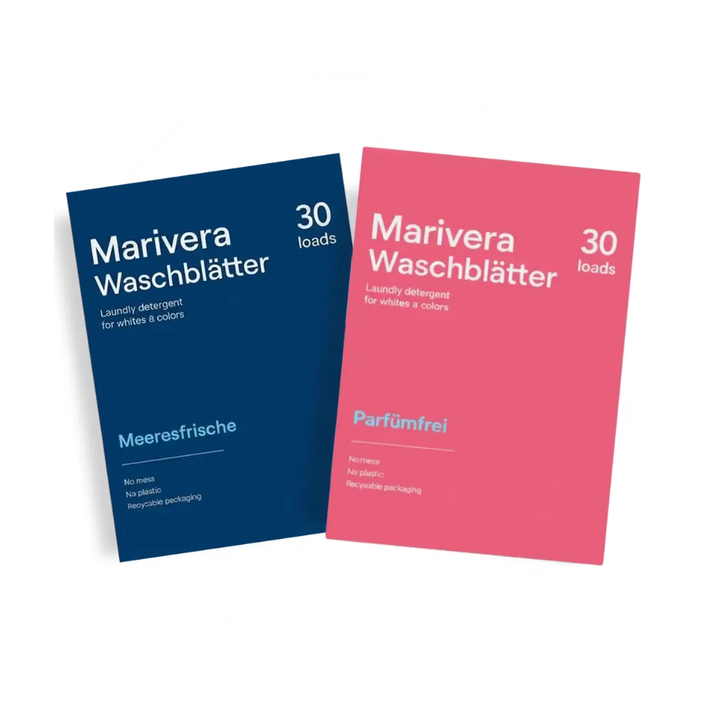 Marivera Waschmittelblätter in den Varianten Meeresfrische und Parfümfrei – nachhaltiges Waschmittel ohne Plastik. Vordosiert, platzsparend und einfach in der Anwendung.