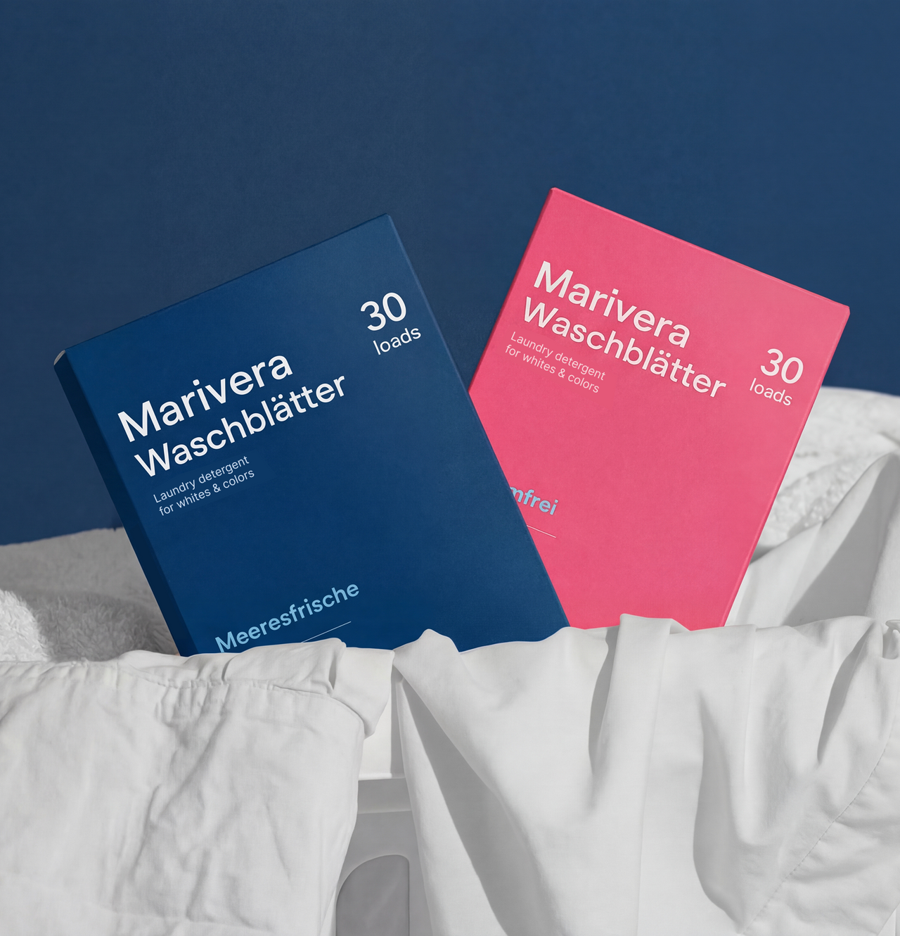 Marivera Waschmittelblätter in den Varianten Meeresfrische und Parfümfrei – nachhaltiges Waschmittel ohne Plastik für saubere und frische Wäsche im Alltag.