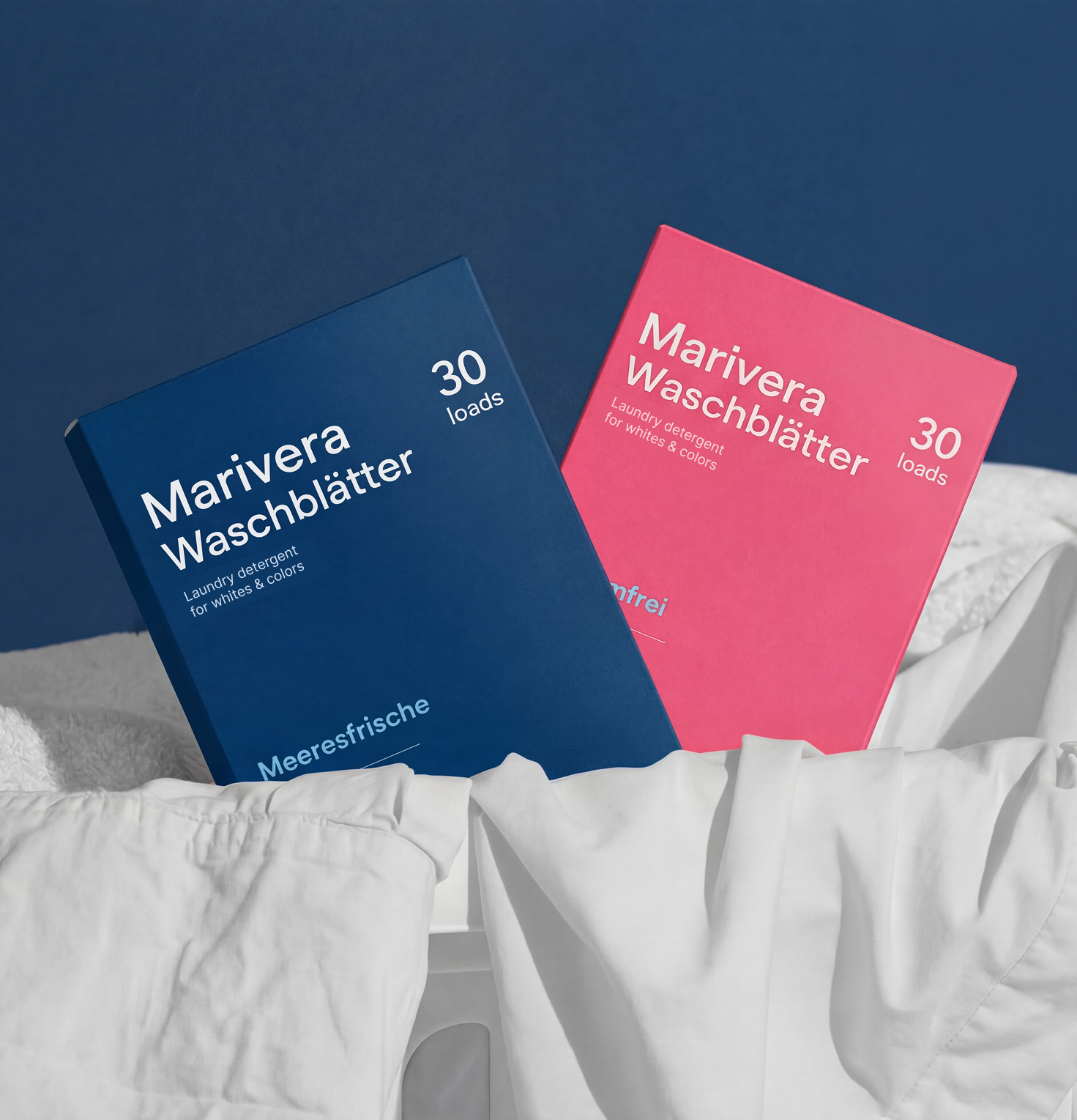 Marivera Waschmittelblätter in den Varianten Meeresfrische und Parfümfrei – nachhaltiges Waschmittel ohne Plastik für saubere und frische Wäsche im Alltag.