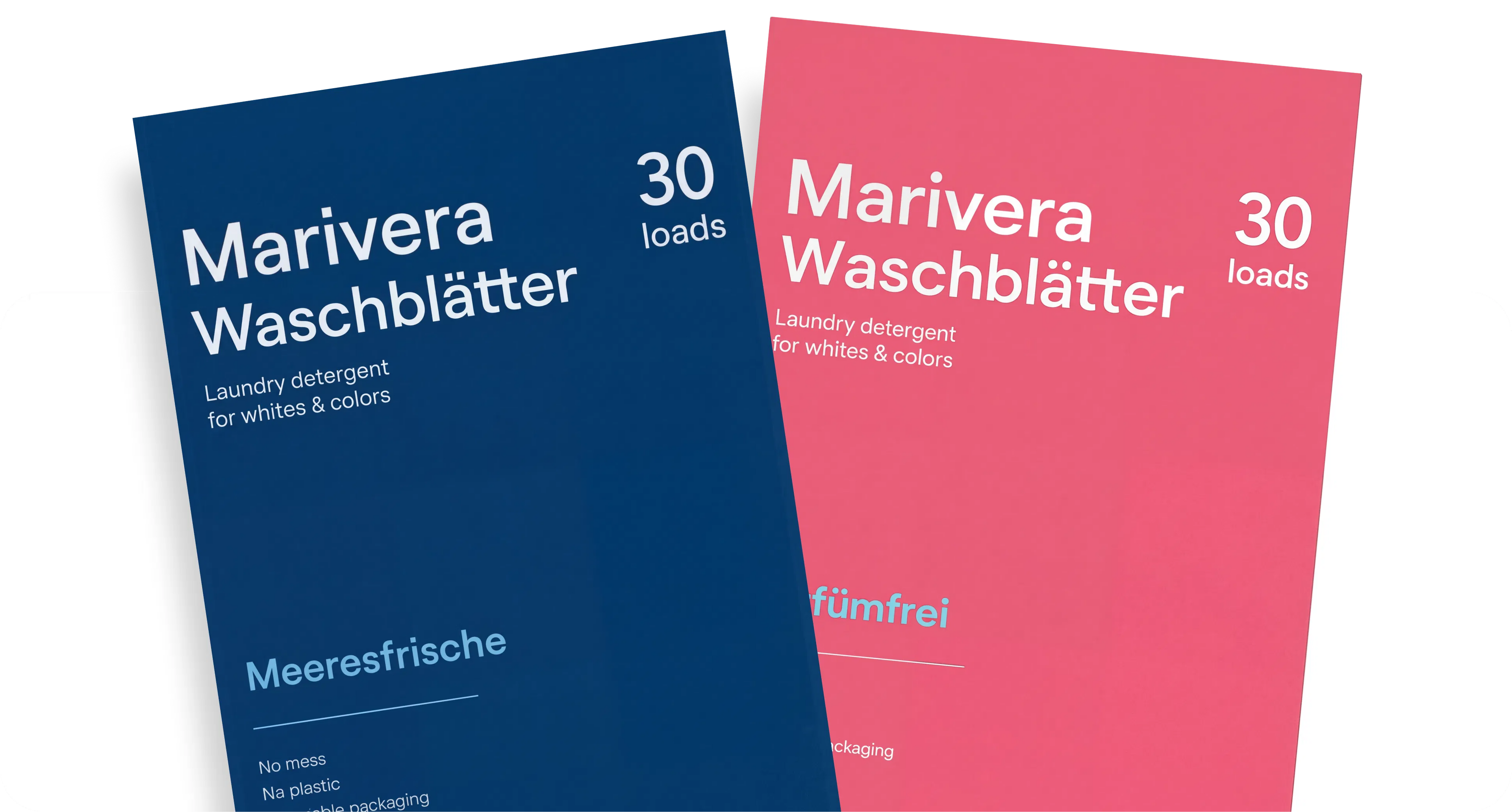 Marivera Waschmittelblätter in den Varianten Meeresfrische und Parfümfrei – nachhaltiges Waschmittel ohne Plastik, vordosiert und einfach in der Anwendung.