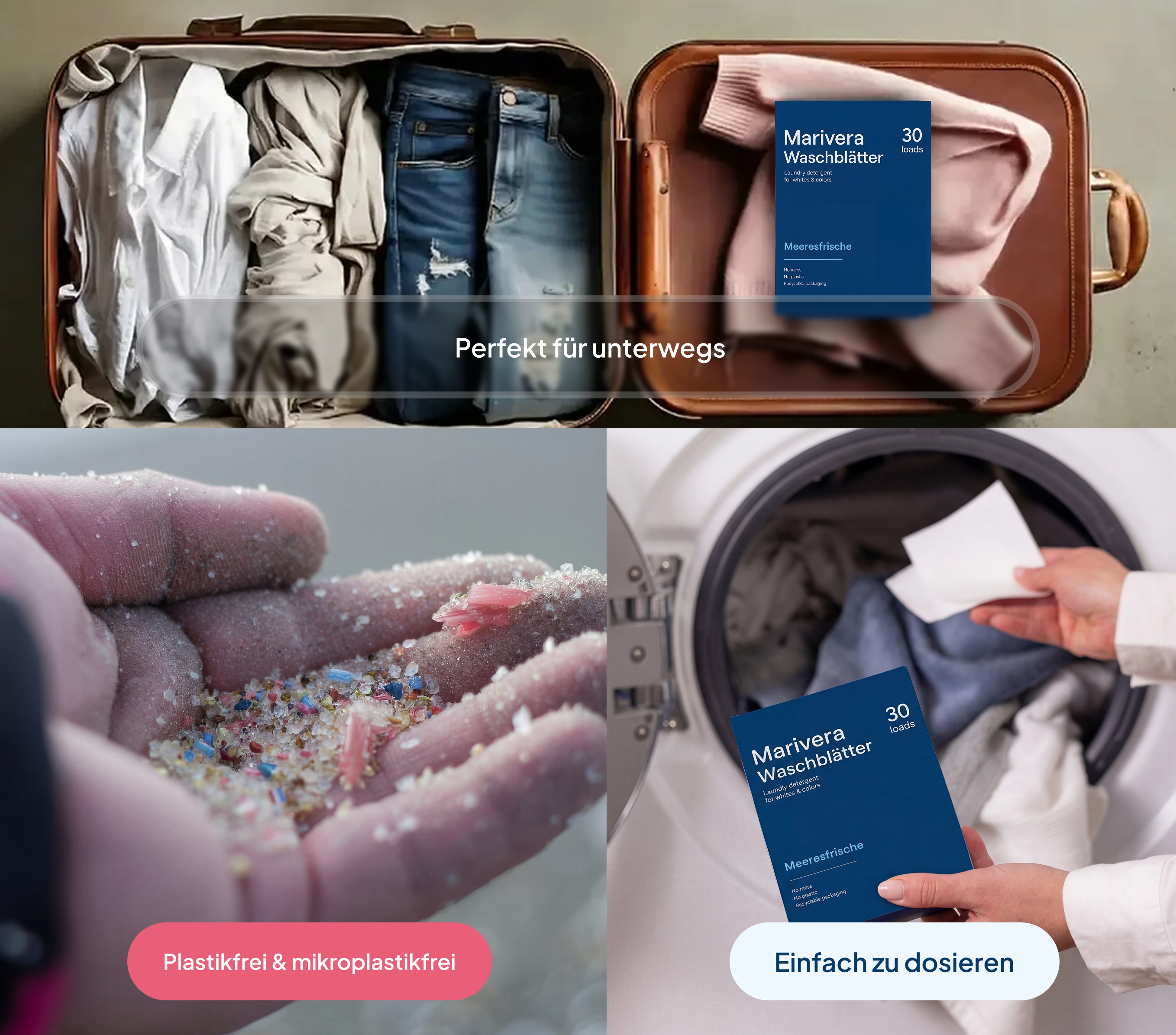 Marivera Waschblätter 30 Ladungen, Meeresfrische, Waschmittel für Weißes & Buntes, plastikfrei und recycelbare Verpackung