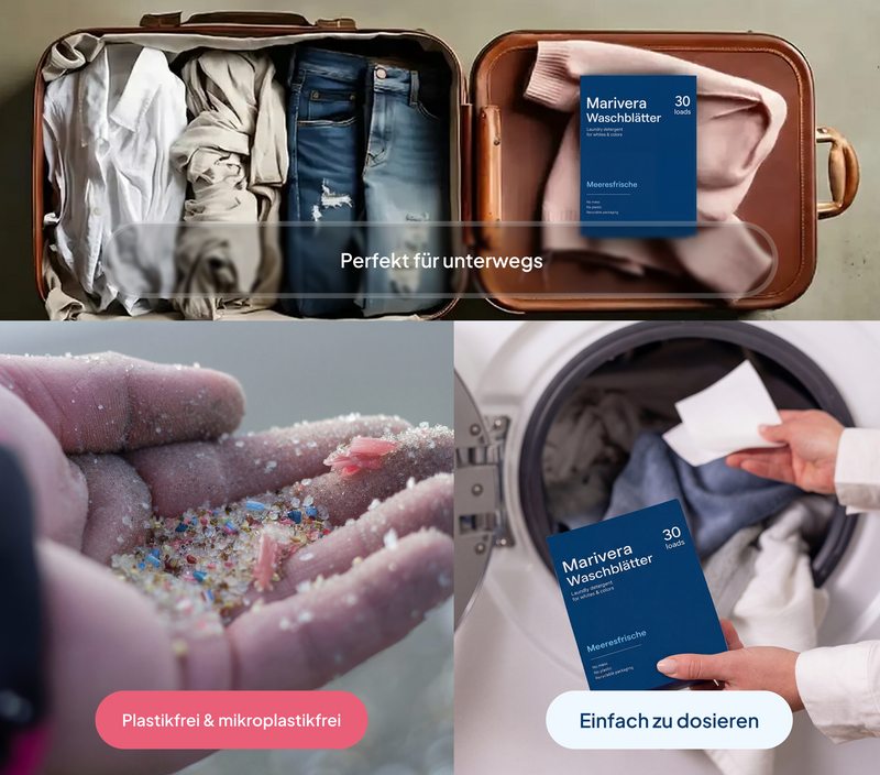 Marivera Waschblätter 30 Ladungen, Meeresfrische, Waschmittel für Weißes & Buntes, plastikfrei und recycelbare Verpackung
