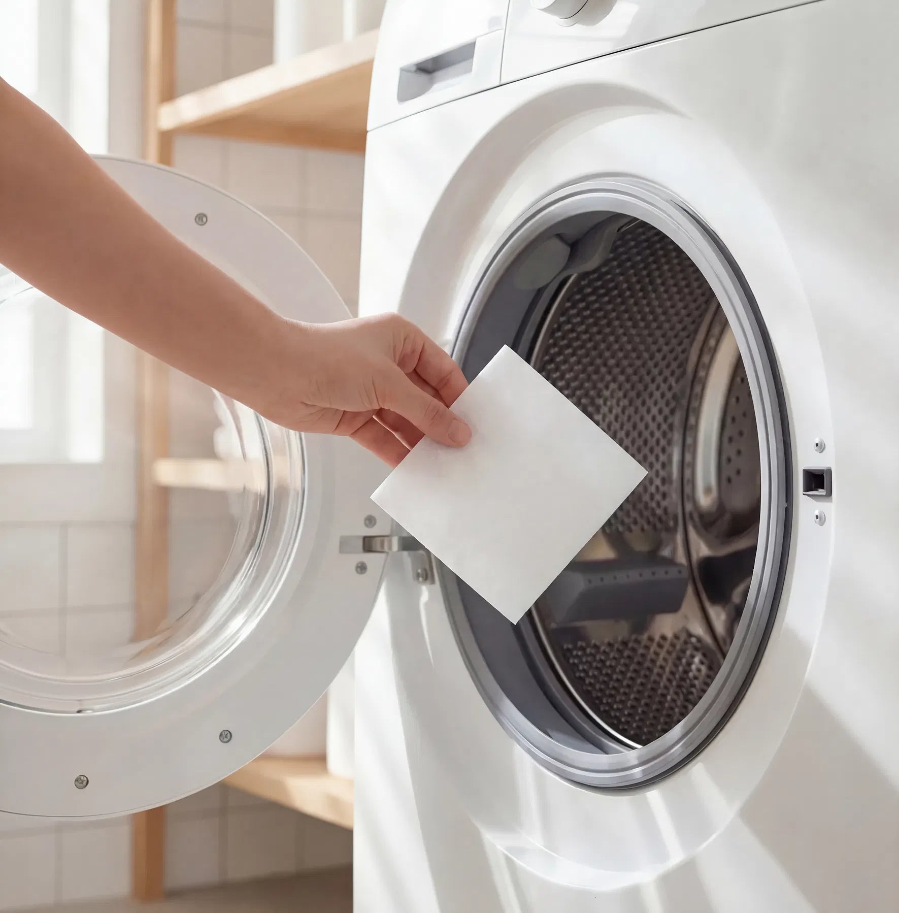 Anwendung von Waschmittelblättern – ein Blatt direkt in die Trommel legen, ohne Abmessen oder Verschütten.